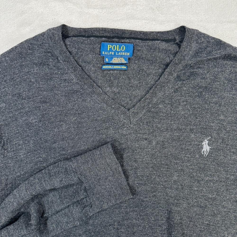 Polo Ralph Lauren Sweater Merino Wool Mens XL Charcoal Grey Washable  V-Neck